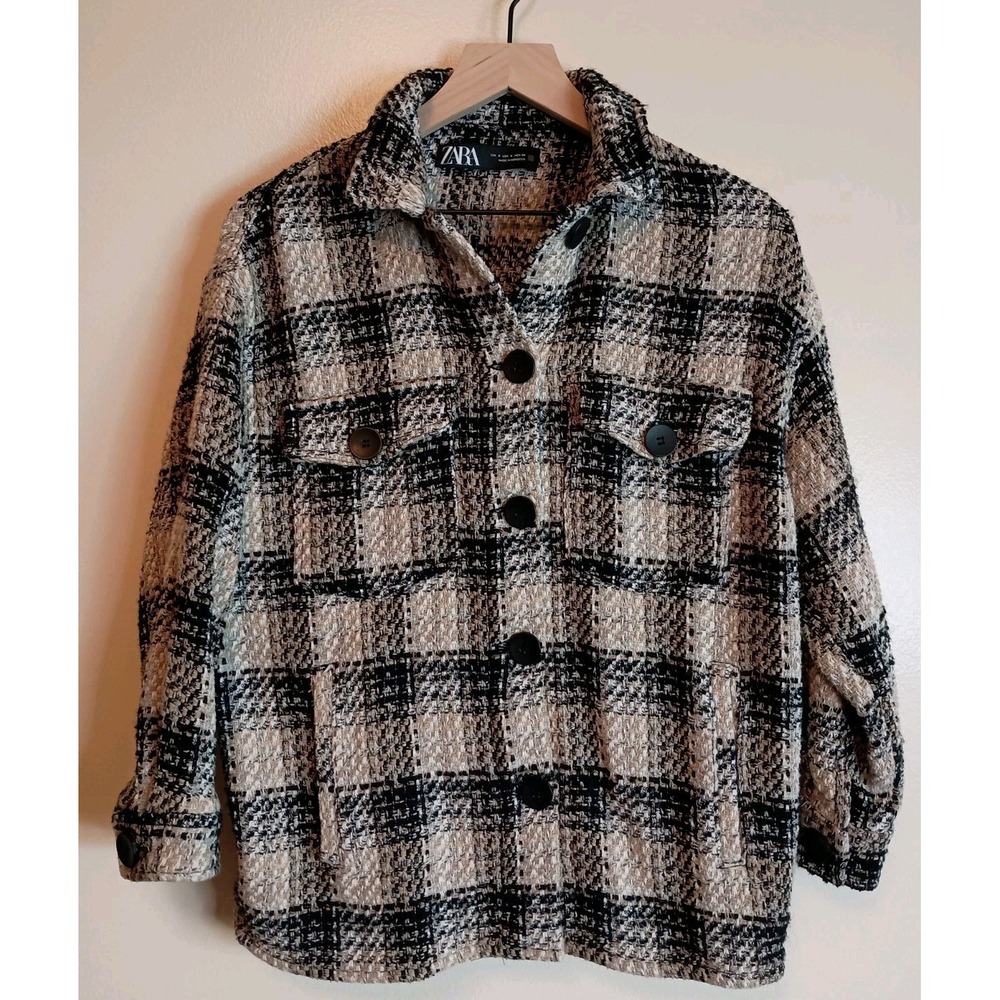 ZARA Womens Plaid Boucle Tweed Shacket Size S Oversized Black Beige